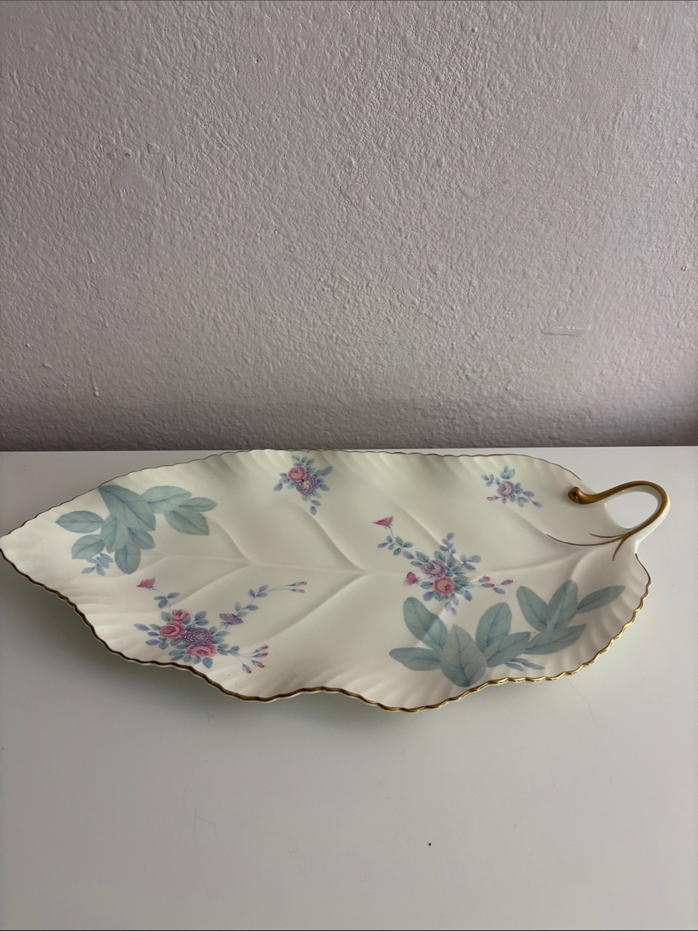 Mikasa Cream Leaf-Shaped Porcelain Serving Tray with Pastel Floral Motif